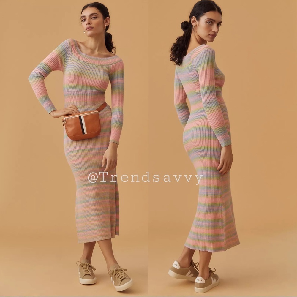 Anthropologie Pink Stripe Ribbed Knit Bodycon Midi Dress Large Long Sleeve NWT